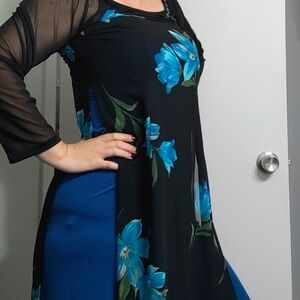 Black Floral Overlay A-Line Dress with Blue Underlay